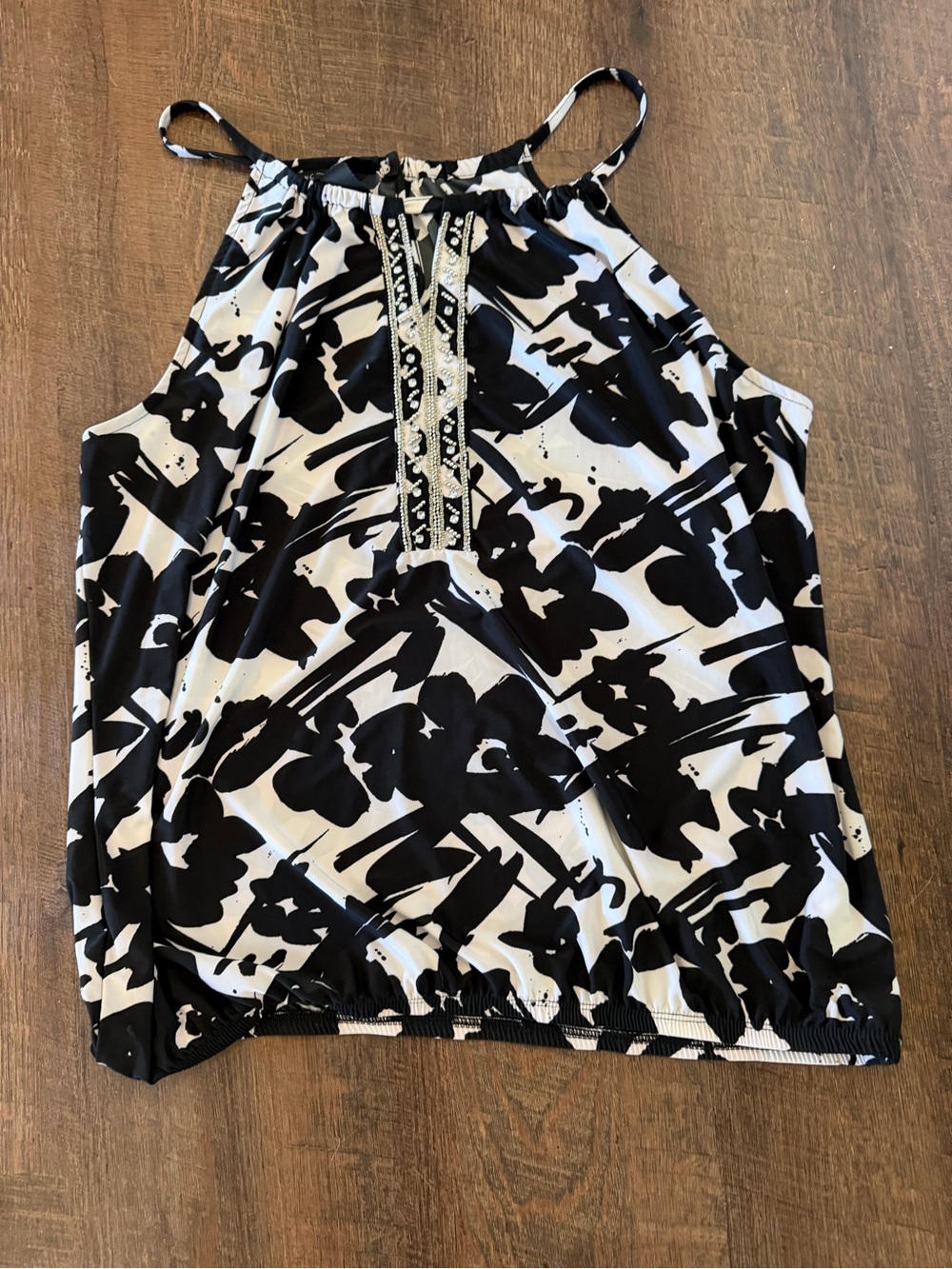 INC International Concepts Black & White blouson top, sequin & bead embellished